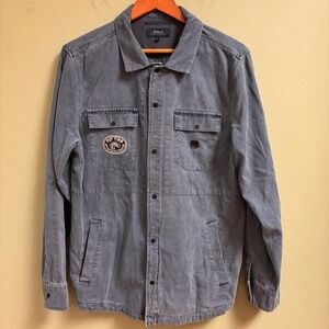 Roark Mens Button Up Shirt Size M Fat Tire Snap Long Sleeve Blue Shaket Logo